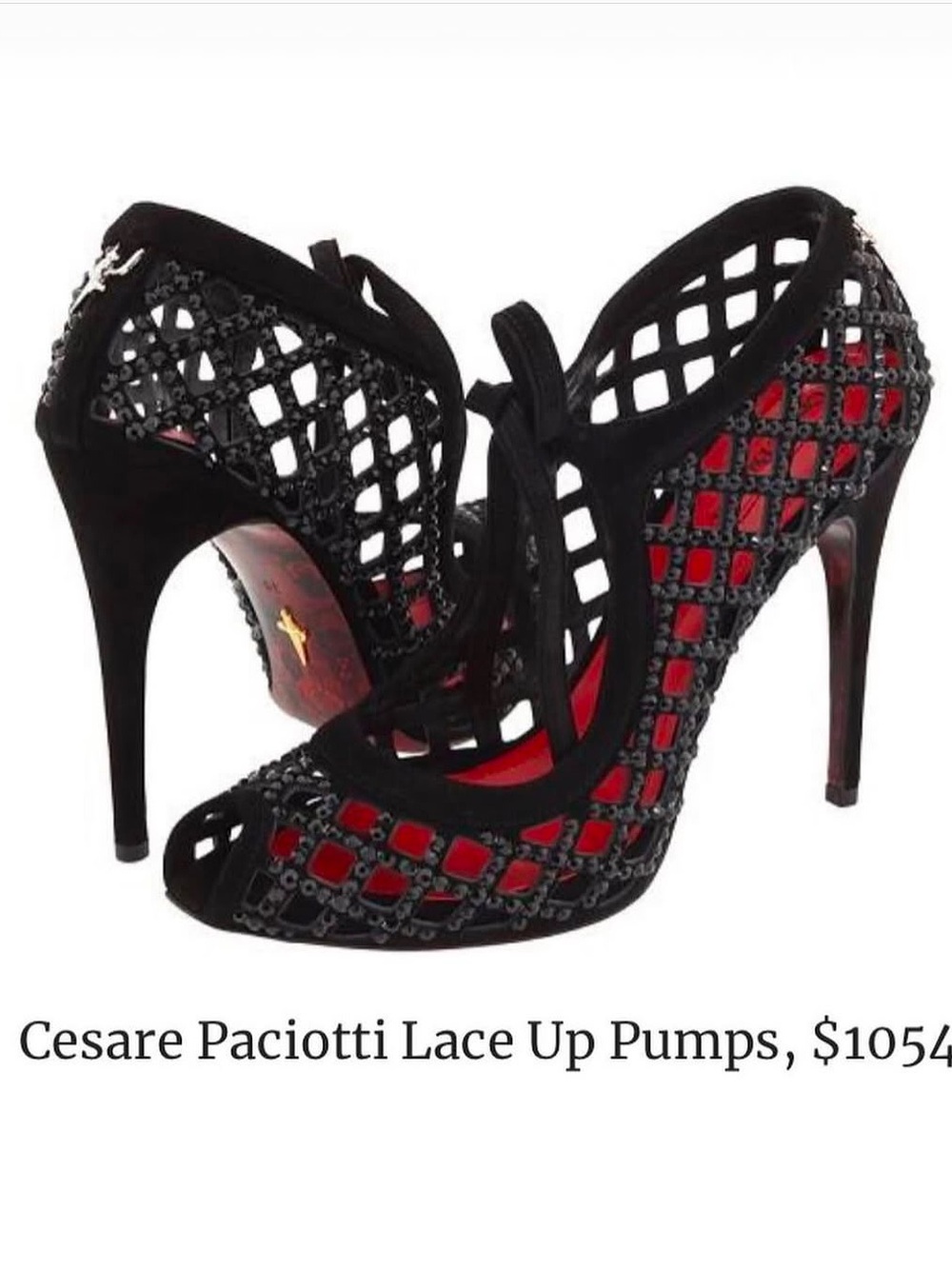 Cesare Paciotti Black Lattice Lace-Up Pumps with Red Lining
